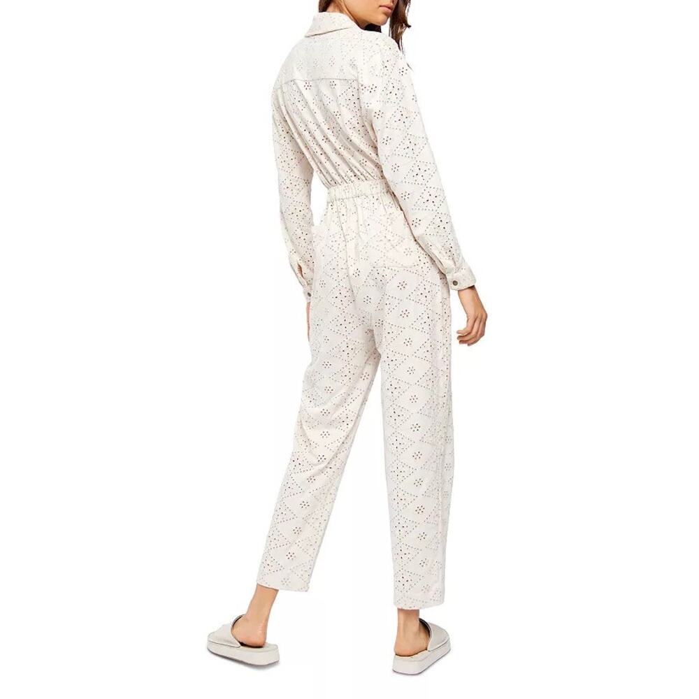 Free People Women’s Set The Tone Eyelet Jumpsuit Cream Size 12 NEW - Picture 2 of 12
